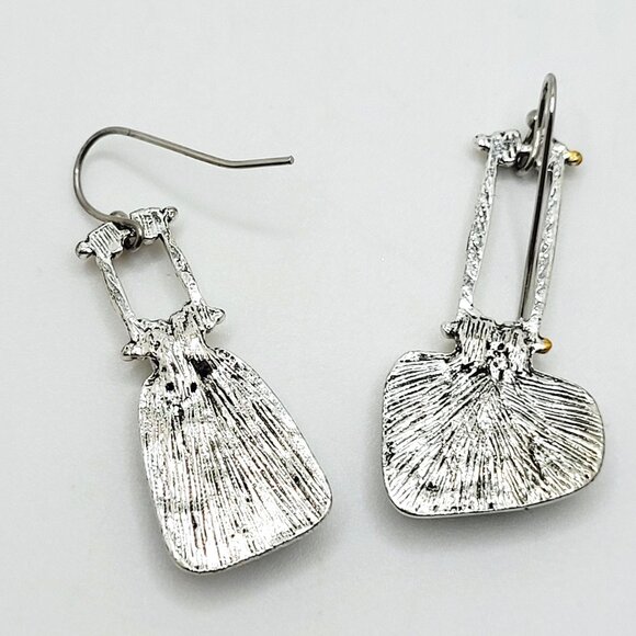 Asymmetrical Silver & Gold Accent Earrings Green Marbled Acrylic Stones - Picture 4 of 4